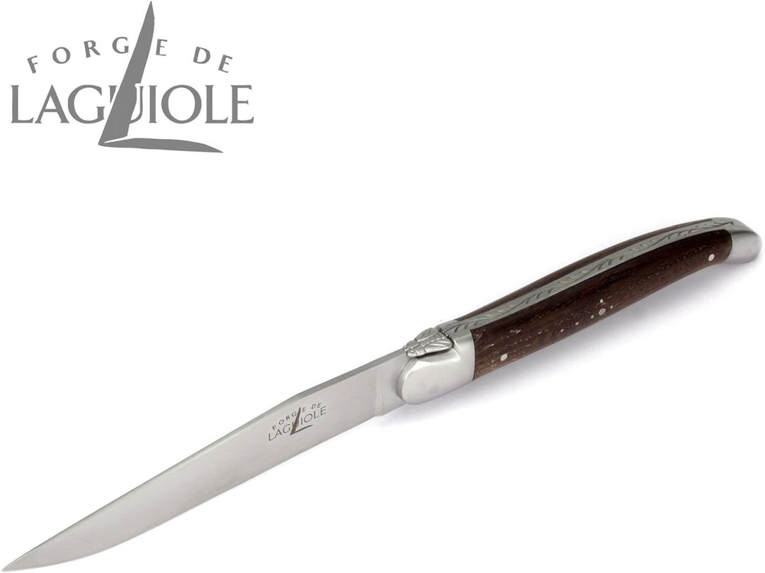 Forge de Laguiole - Set Zwei Steakmesser - Griff fossile Mooreiche - Edle Tafel-Messer - Stahl matt