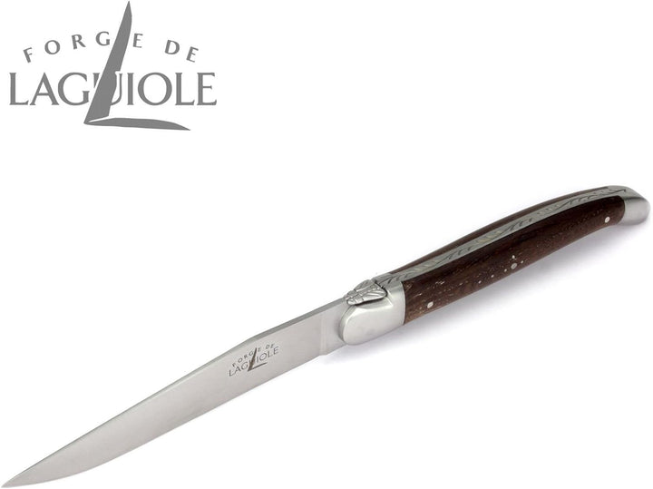 Forge de Laguiole - Set Zwei Steakmesser - Griff fossile Mooreiche - Edle Tafel-Messer - Stahl matt
