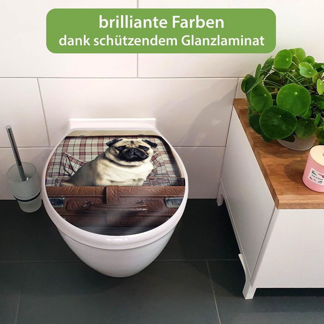 banjado® Toilettendeckel mit Absenkautomatik 44x37cm mit Motiv Mops im Koffer - WC Brille Soft Close