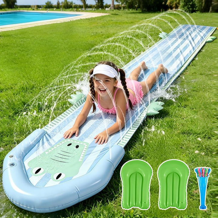 Wasserrutsche Garten für Kinder, 482 x 75cm Doppelte Wasserrutsche Garten mit 2 Bodyboards, Aufblasb