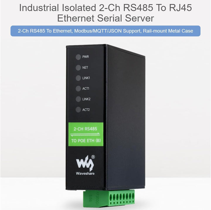 Waveshare 2-CH RS485 to RJ45 Ethernet Converter Module with POE Function, Industrial Rail-Mount Isol