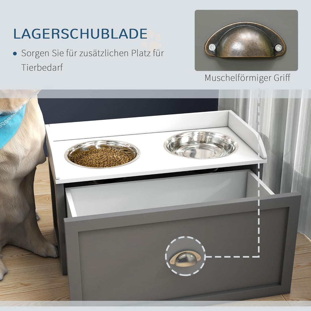 PawHut Hundenapf, 2 x 2L Futternapf, erhöhter Fressnapf mit Schublade, Edelstahlnapf, Futterstation