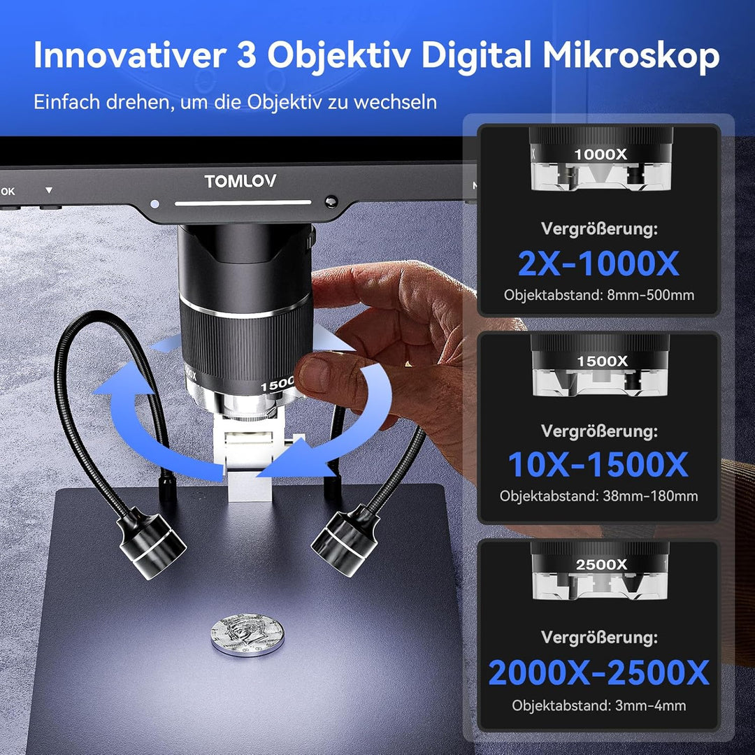 TOMLOV TriL110 3 Objektiv 2K HDMI Digitales Mikroskop, 10,1" Münzmikroskop für gesamte Münzen mit IP