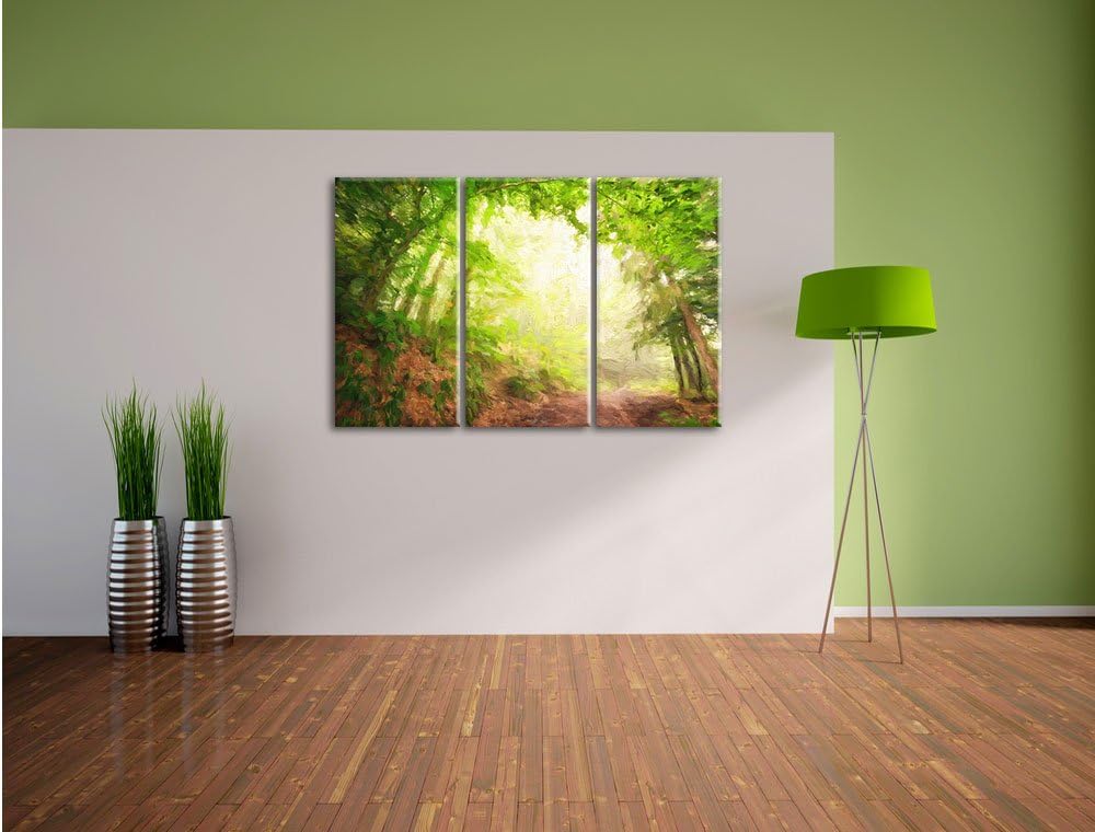 Pixxprint Sonnenstrahlen Waldweg Pinsel Effekt 3-Teiler Leinwandbild 120x80 Bild auf Leinwand