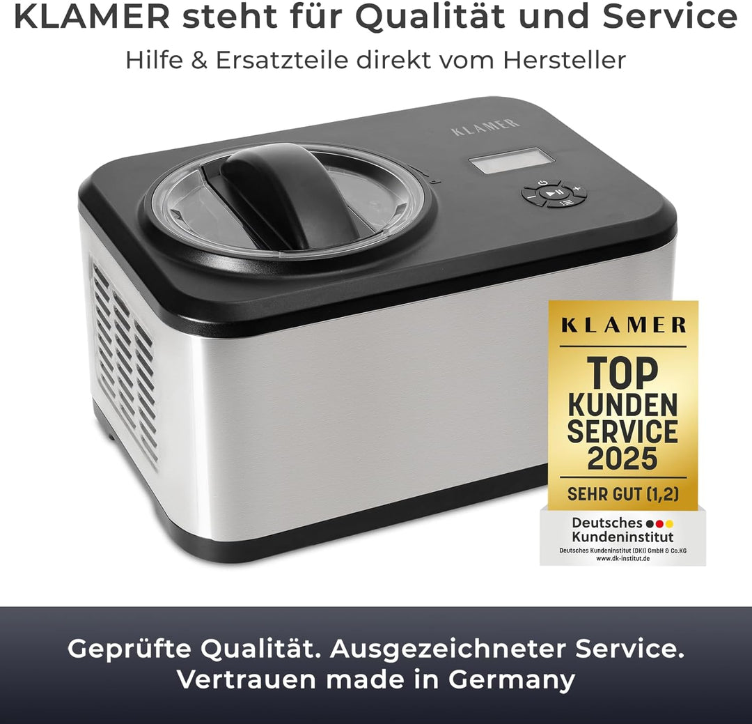 KLAMER Eismaschine 1,5L, 120 W Eiscrememaschine aus Edelstahl mit Kühlfunktion, hausgemachtes Speise