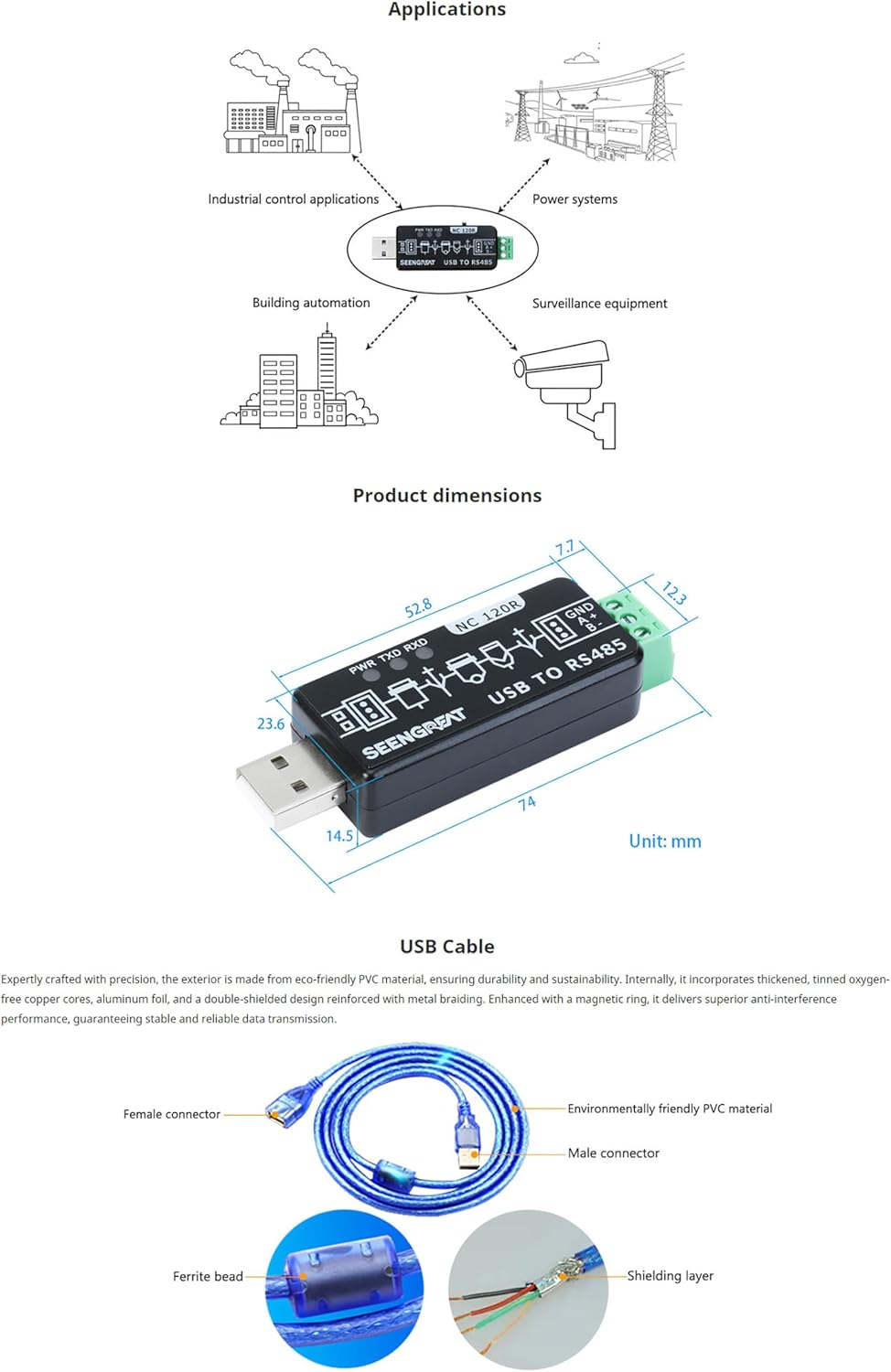 USB to RS485 Converter, Industrial RS485 to USB Converter with Onboard Original FT232RL and SP485EEN