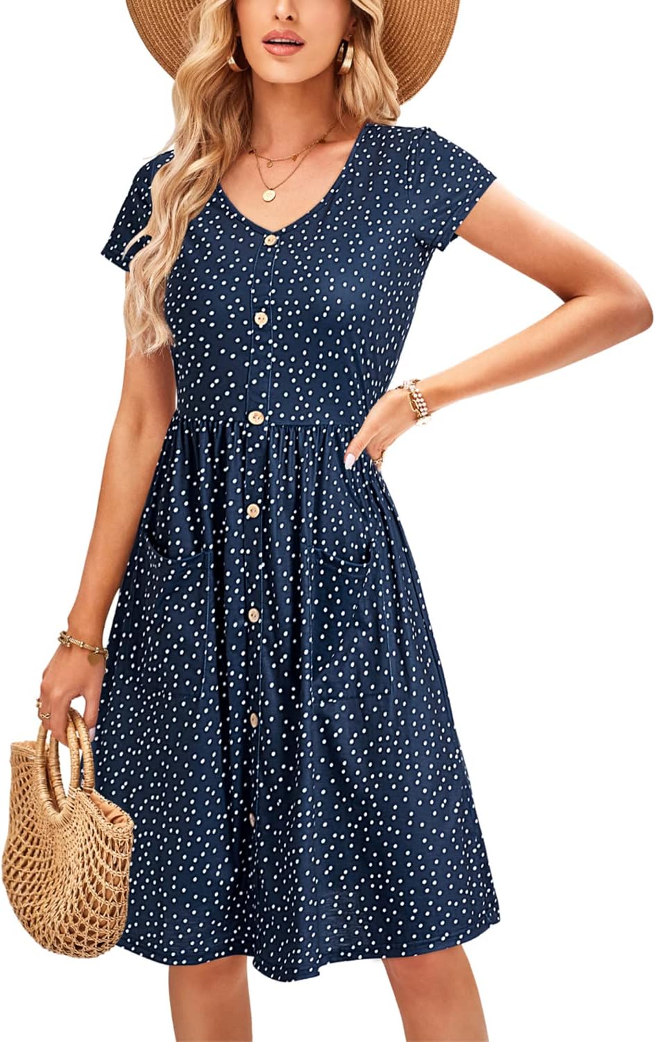 OUGES Sommerkleid Damen Casual Kleid V-Ausschnitt Midi Kleider Knopfleiste Freizeitkleid mit Taschen