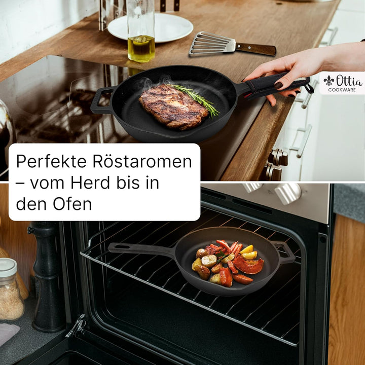 Ottia reine Gusseisenpfanne Induktion 28cm (ungeschliffen), mit eKochbuch, Pfannenwender, waschbarem