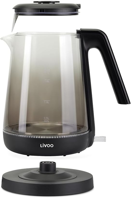 Livoo - Wasserkocher aus Glas, 1,7 l, DOD216N, 1850 W, 2200 W, Borosilikatglas, Hintergrundbeleuchtu