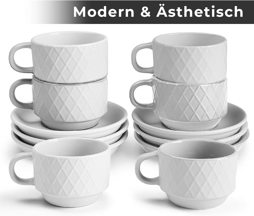 MIAMIO – 6 x 75 ml Espresso Tassen/Espressotassen Set mit Ständer Steingut Keramik - Palmanova Kolle