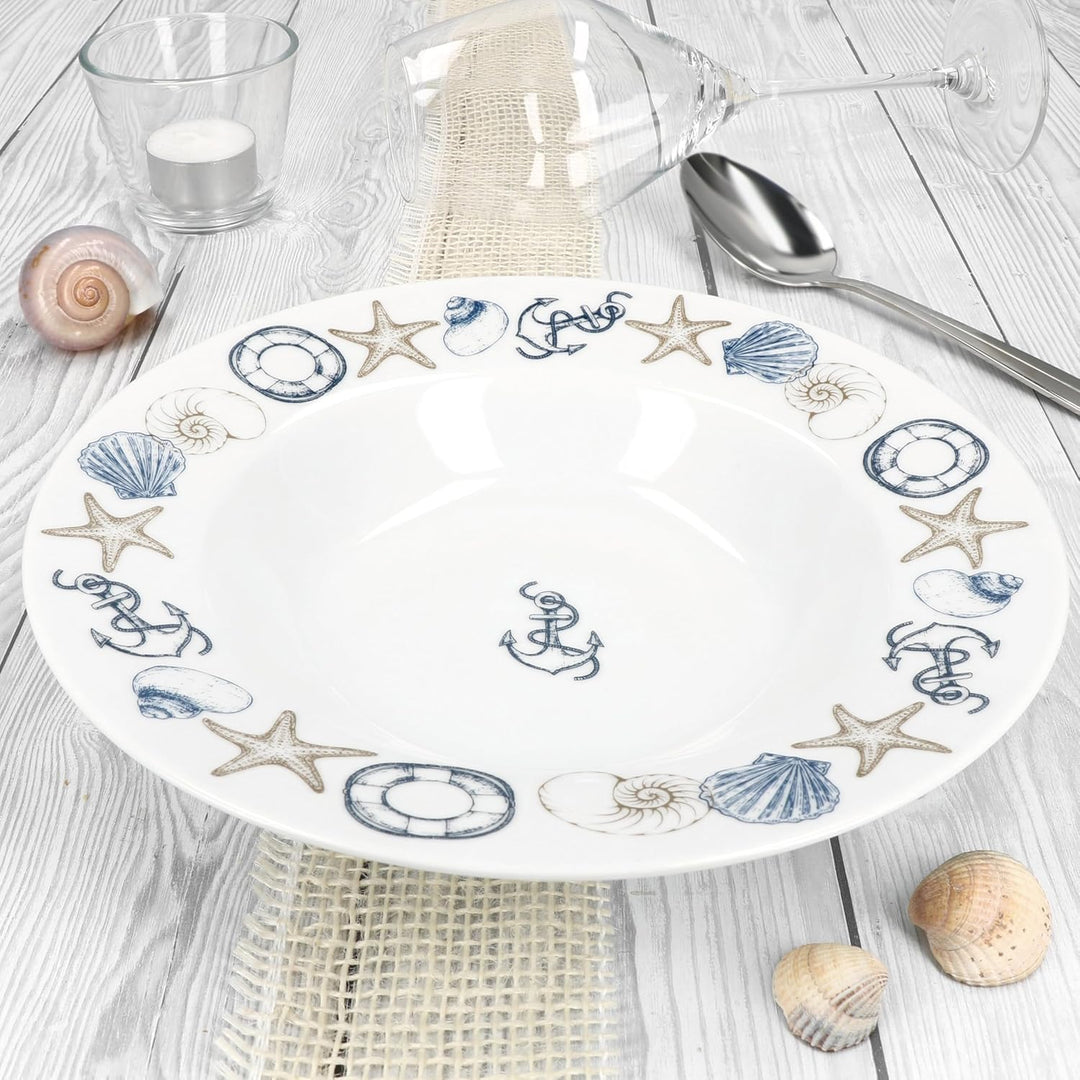 MamboCat Neptun 6er Set Suppenteller I 180ml I Porzellan-Teller mit maritimen Motiven Anker, Muschel