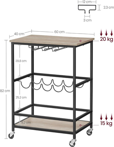 VASAGLE Servierwagen, Barwagen, Weinregal auf Rollen, Küchenwagen, Weinglashalter, Flaschenhalter, 4