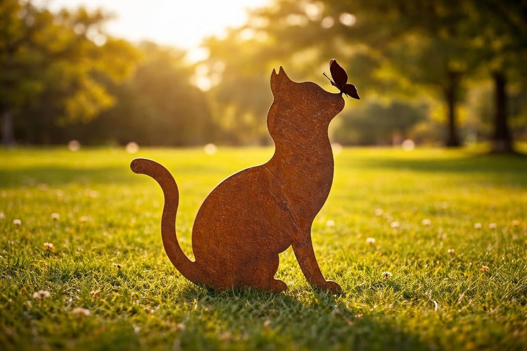 Bornhöft Gartendeko Gartenstecker Katze mit Schmetterling, Edelrost Rost-Optik Metallfigur, Gartensk