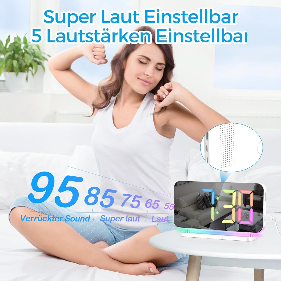 SZELAM Digital,Wecker Nachttisch,7,4" LED-Spiegeluhr mit 10 Modi RGB-Nachtlicht,11 Farben Digitalanz