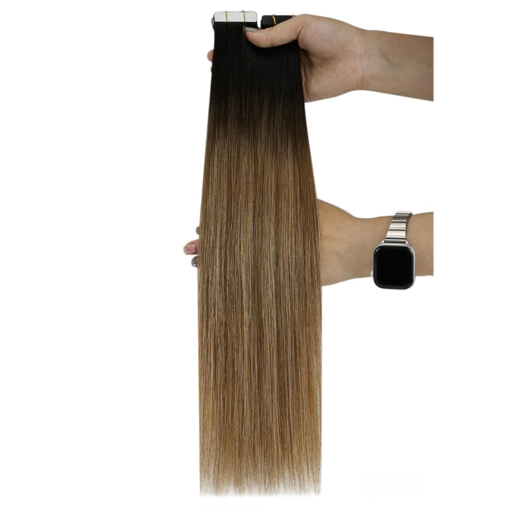 Ugeat Tape Extensions Echthaar Braun Balayage Kurz 30 cm Remy Echthaar Tape Extensions Mittelbraun O