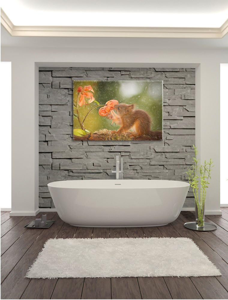 Pixxprint Eichhörnchen riecht an Einer Blume als Leinwandbild/Grösse: 100x70 cm/Wandbild/Kunstdruck/