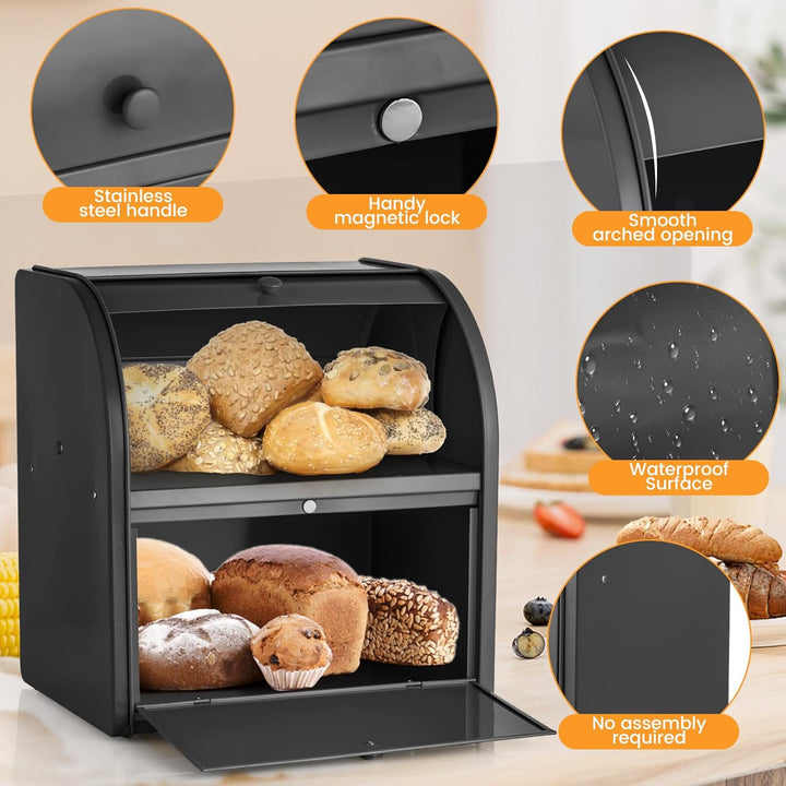 Brotbox aus Metall für Küchenarbeitsplatte, Doppelschicht, Roll-Top-Brotaufbewahrungsbehälter, Leben