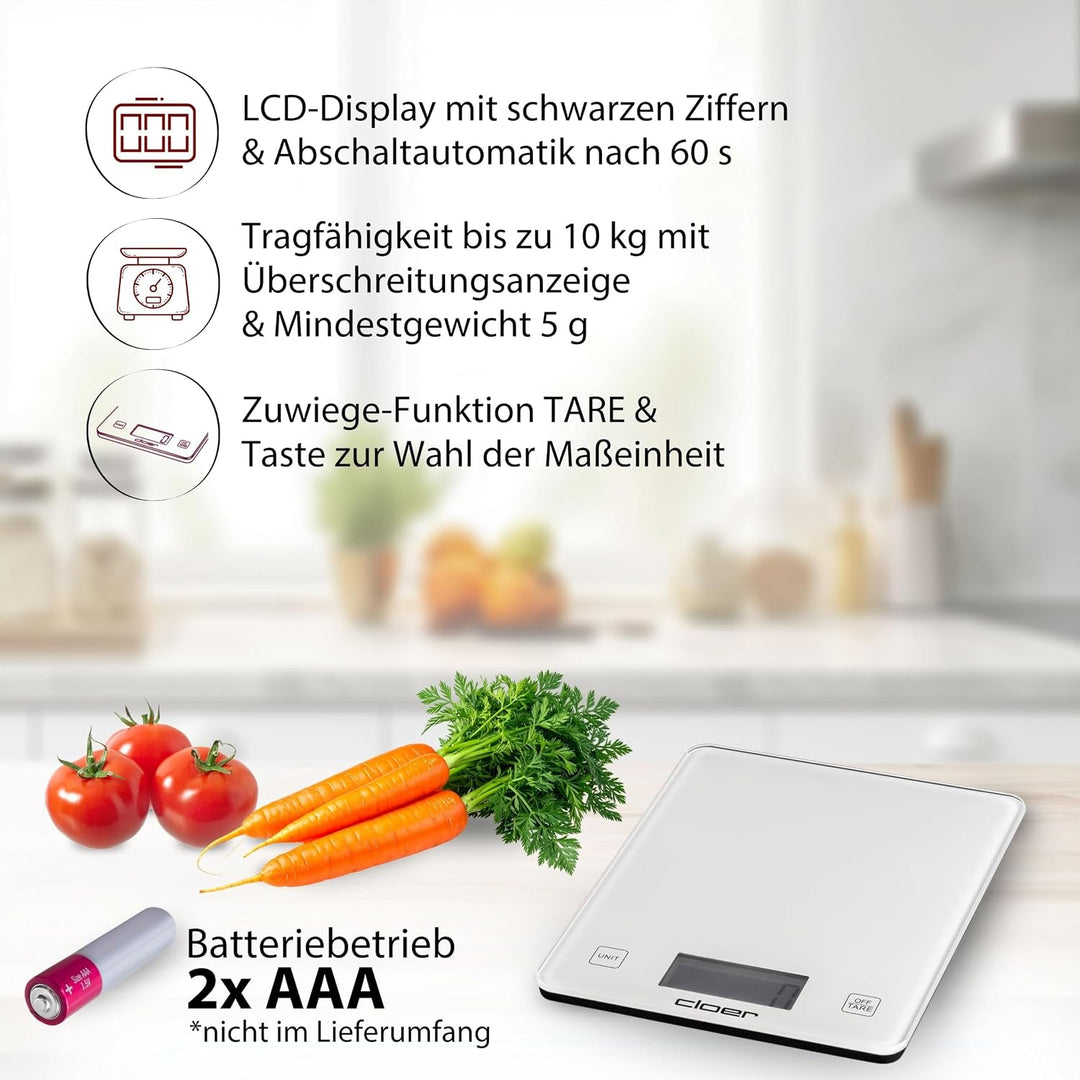 Cloer 6871 Digitale Küchenwaage für bis zu 10 kg, Zuwiegefunktion, Gewichtsmessung in 1 g Schritten,