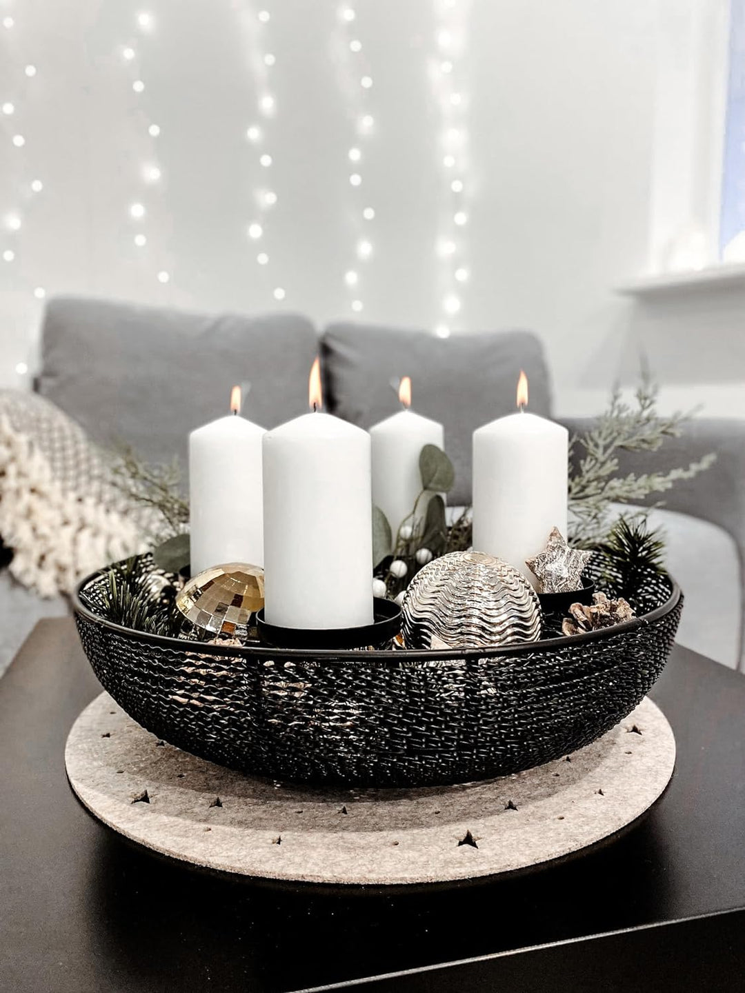 Kobolo Dekoschale Kerzenhalter Adventskranz Draht - aus Metall - schwarz - für 4 Kerzen - 38 cm