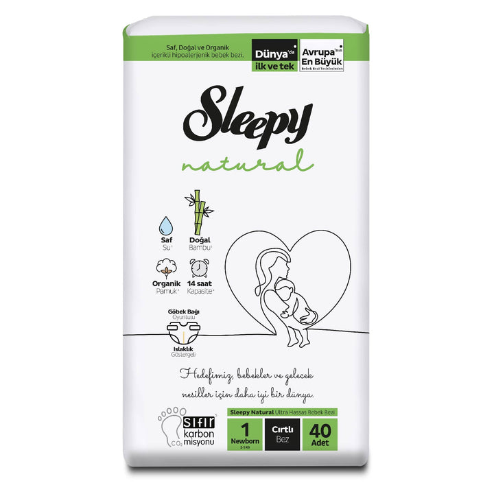 Sleepy Natural Baby Windeln Grösse 1 (2-5 Kg) - MONATSBOX, Für Empfindliche Babys, 200 Stück (5 Pack
