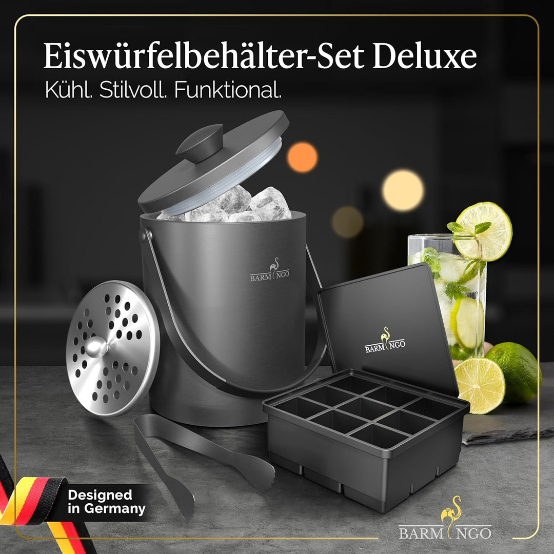BARMINGO Edelstahl Eiswürfelbehälter mit Deckel - 2l Eisbehälter mit Sieb, Eiswürfelform, Zange | Ei