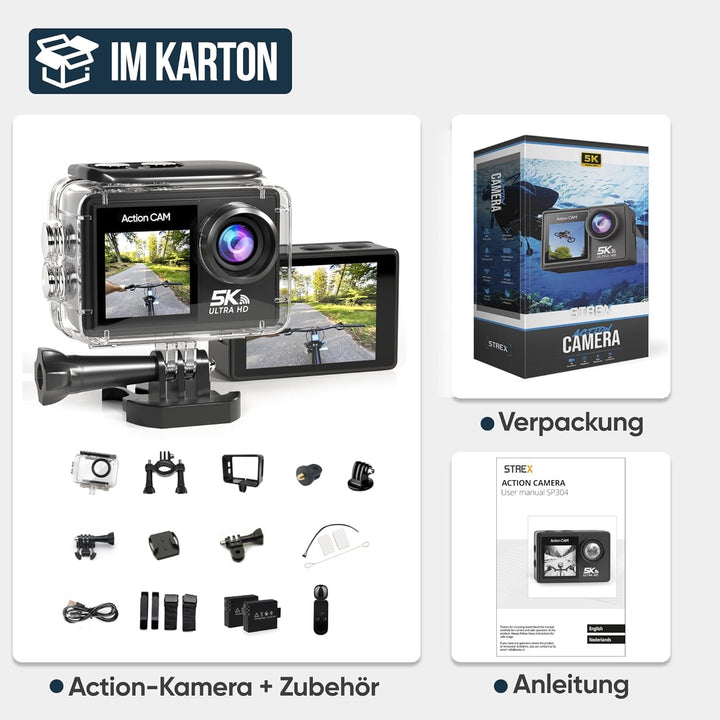 Strex Action Cam 5K 50MP - 60FPS / 30M Wasserdicht/WiFi - Touchscreen – Externes Mikrofon - Inklusiv