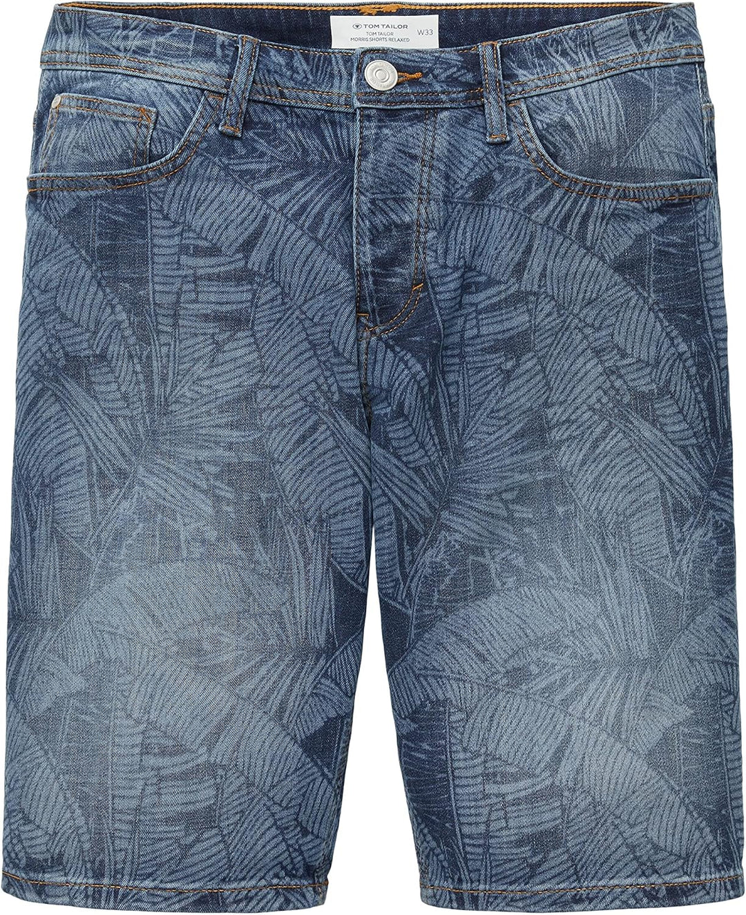 TOM TAILOR Herren Relaxed Fit Jeans Bermuda Shorts mit Palmen-Print 33 31749 - Dark Banana Leaf Laze