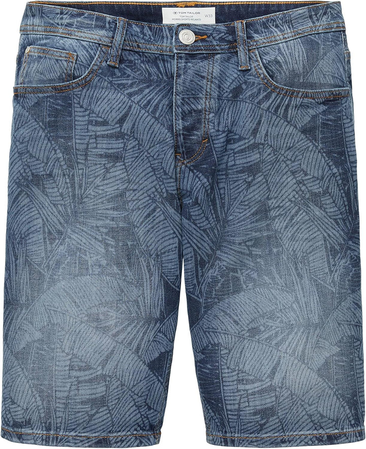 TOM TAILOR Herren Relaxed Fit Jeans Bermuda Shorts mit Palmen-Print 33 31749 - Dark Banana Leaf Laze