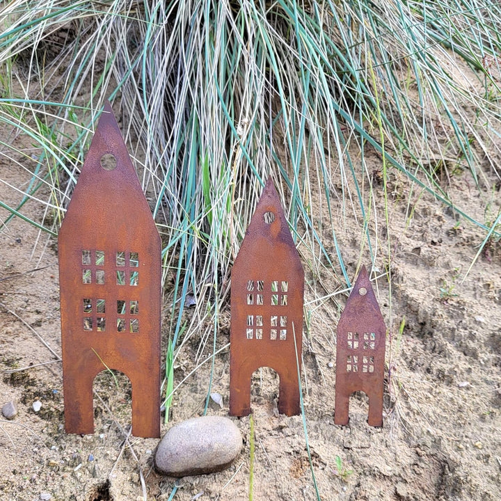 Storm's Gartenzaubereien Deko - Haus zum Stecken in Rostoptik 3er Set, Metall,Modern, Braun, Grün