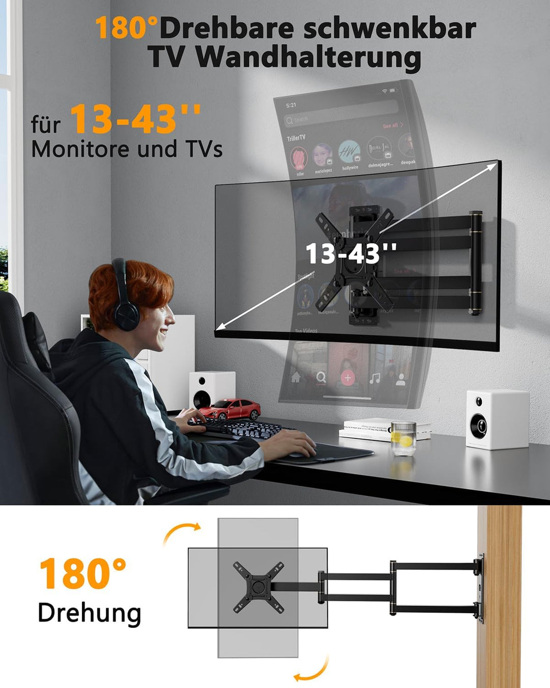 TV Wandhalterung mit 1036mm Langem Arm WHYFONE 180° Drehung Fernseher Wandhalterung Schwenkbar Ecke