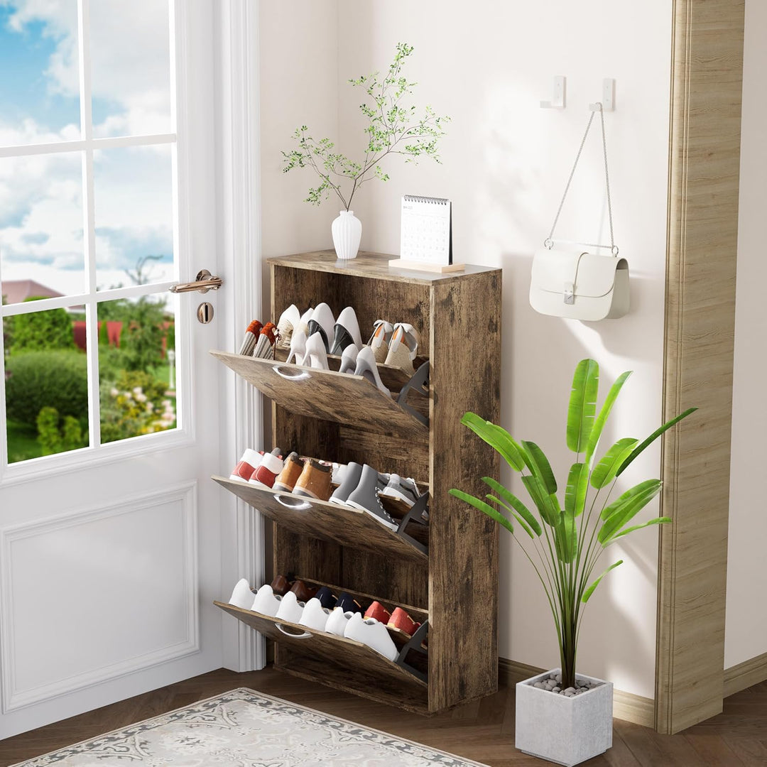 Garvis Doppellagig Schuhschrank 3 Klappen – Hohe Kapazität (16 Paar) – Schmal 60x105x28 cm – MDF Rus