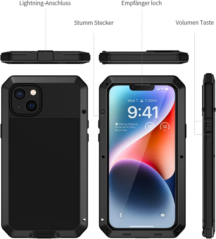 Lanhiem für iPhone 14 Hülle (6.1"), Panzerhülle iPhone 14 Case Outdoor Stossfest Metall Ganzkörper M