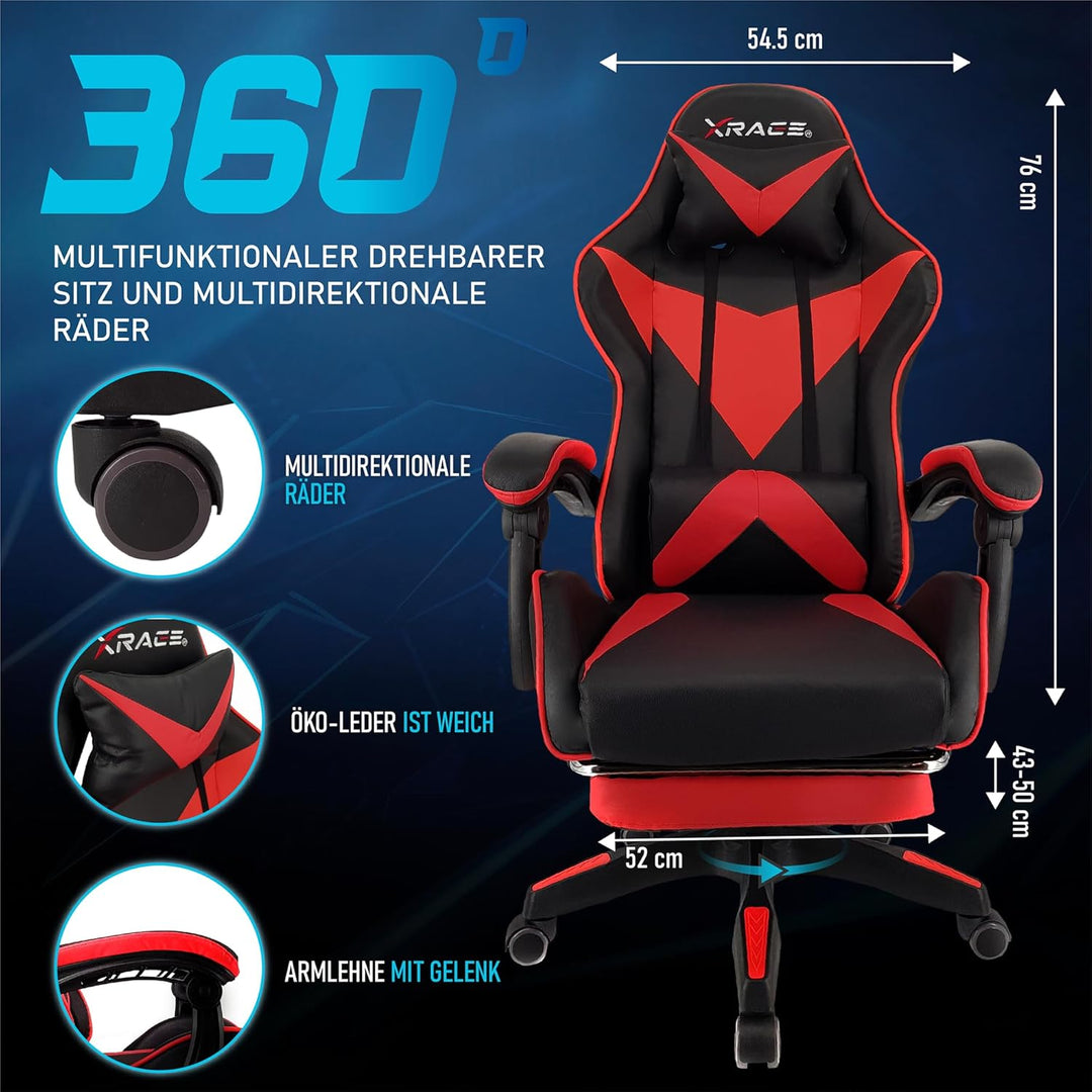 xRace Gaming Stuhl, Bürostuhl, Ergonomischer Pc Stuhl, Gaming Sessel aus Leder mit Lendenwirbelstütz