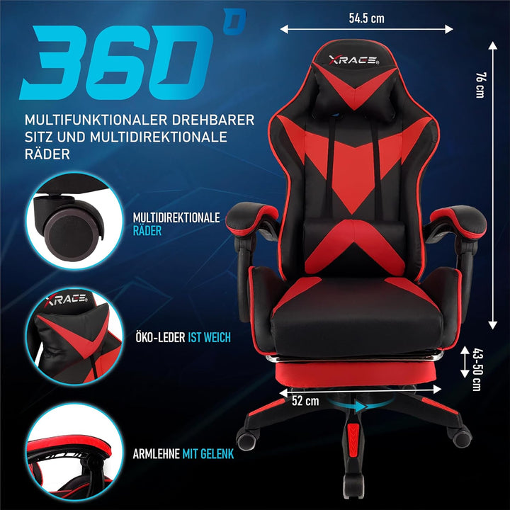 xRace Gaming Stuhl, Bürostuhl, Ergonomischer Pc Stuhl, Gaming Sessel aus Leder mit Lendenwirbelstütz