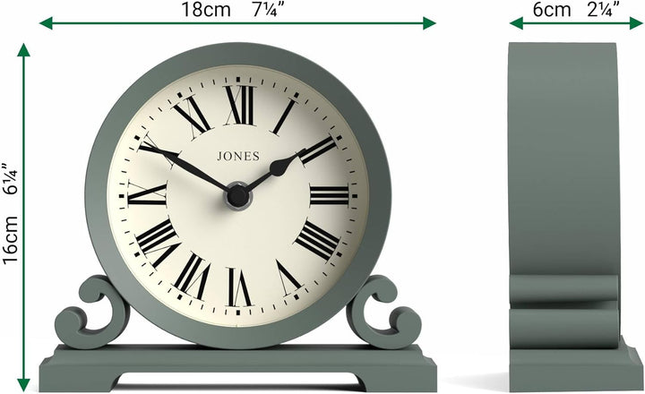 JONES CLOCKS® Saloon Kaminsims Uhr | Klein traditionelles doppelschneckendesign | Grün | Römische zi
