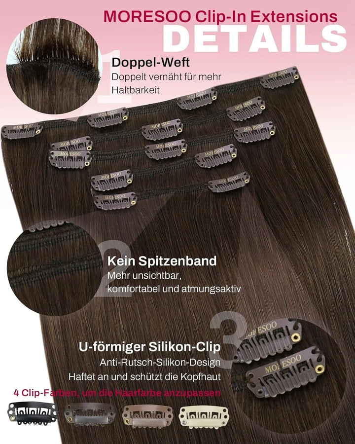 Moresoo Haarverlängerung Echthaar Clip in Extensions Echthaar Dunkelbraun Menschliches Haar Remy Cli
