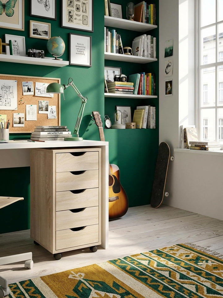 Rollcontainer 33 x 64 x 38 cm MDF-Holz 5 Schubladen Sonoma | Moderner Schubladencontainer mit Rollen