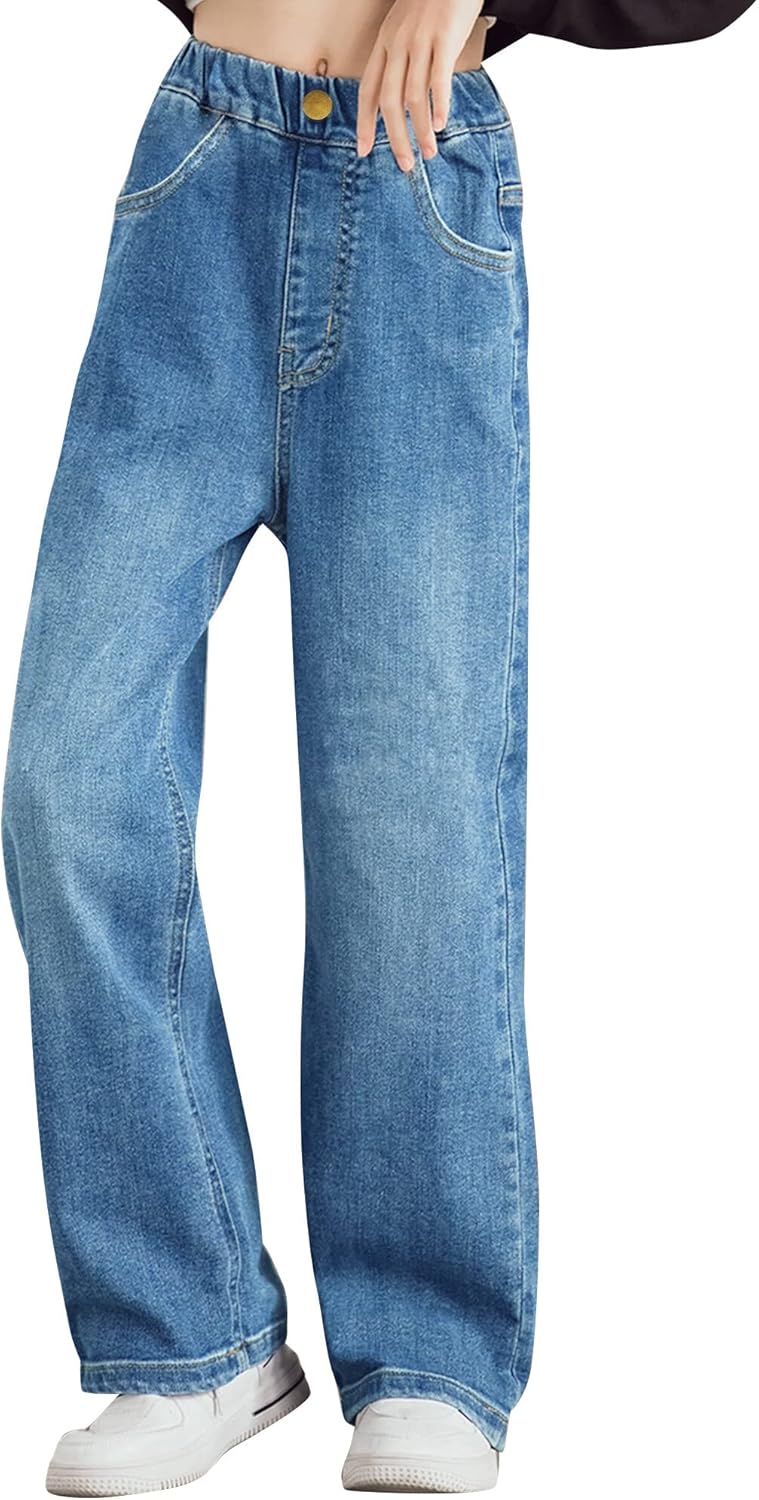 Happy Cherry Jeans Mädchen Wide Ripped Leg Cargo Hose Vintage Löcher Denim Blau 11-12 Jahre Blau-02,