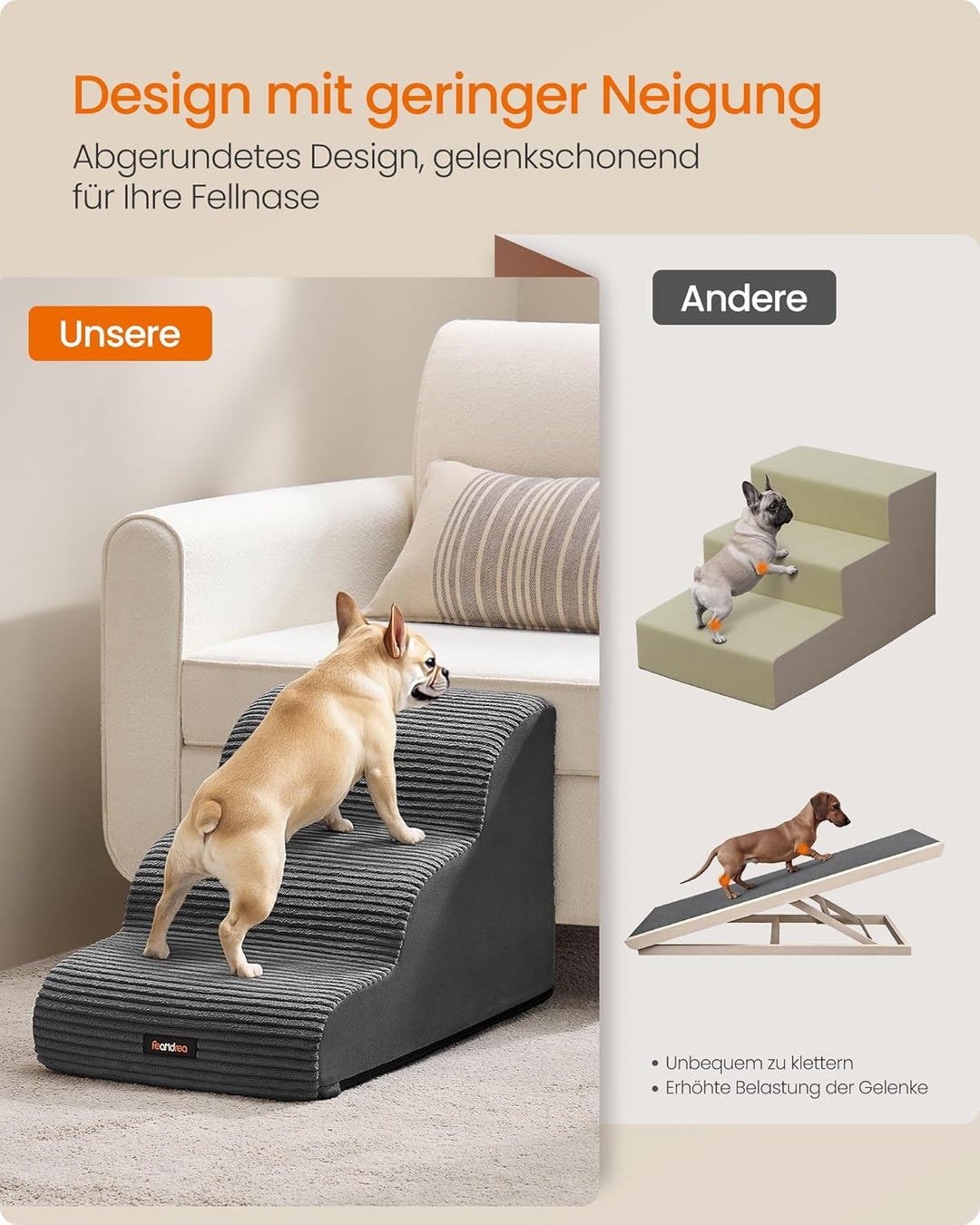 Feandrea Hundetreppe, 3 Stufen, Cord mit Querstreifen, Haustiertreppe, für Bett, Sofa, wasserdicht,