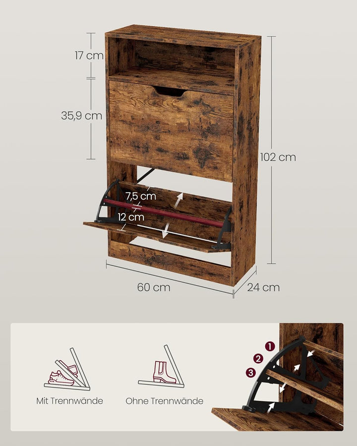VASAGLE Schuhschrank 2 Klappen, Schuhkipper, Schuhregal, Schuhaufbewahrung, offenes Fach, Trennwand