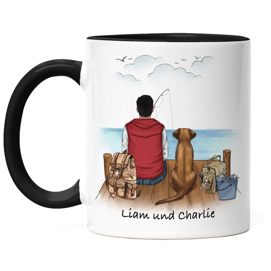 Angler & Hund Tasse Schwarz Personalisiert Individuell mit Name Angeln Fischen Geschenk Opa Vater zu