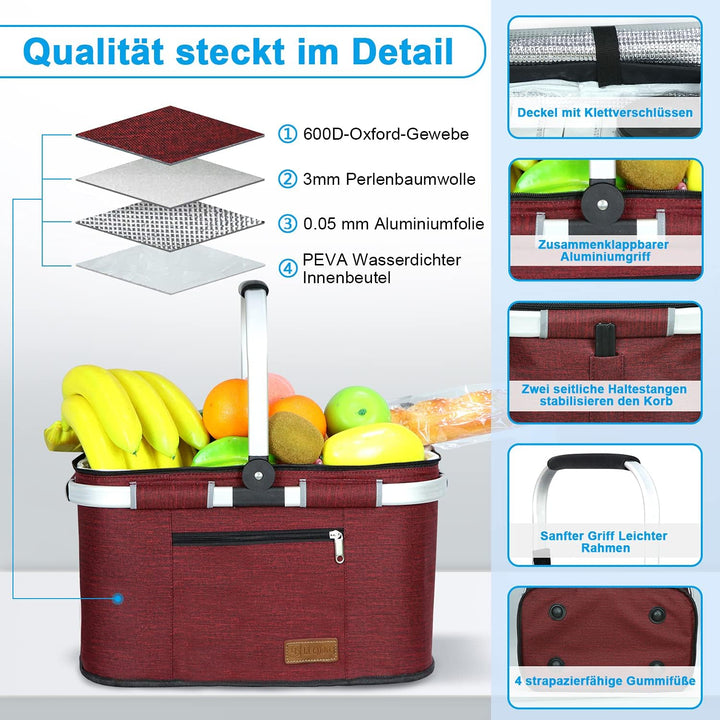 LIQINGG 35L Kühltasche Einkaufskorb Grosse isolierte Kühlkorb Lunchtasche Thermotasche für Büro Camp