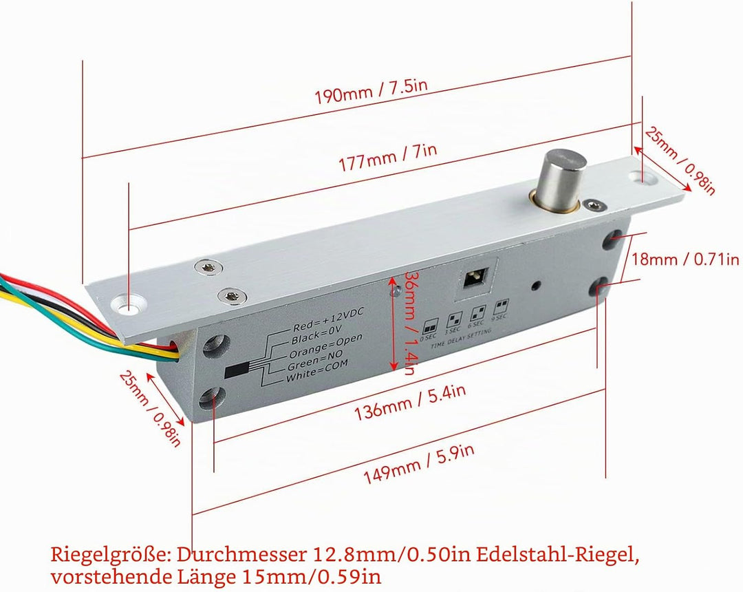 DC 12V 5 Leitungen Elektrisches Riegelschloss, Schmales Riegelriegel-Türschloss mit Zeitverzögerter