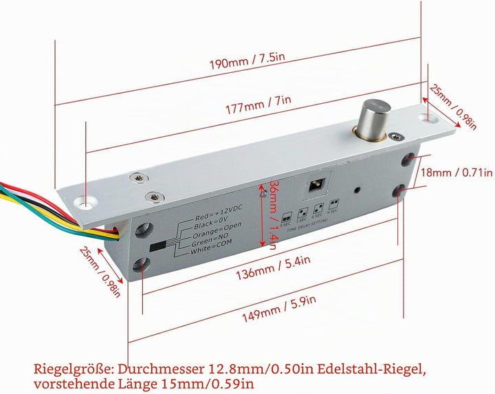 DC 12V 5 Leitungen Elektrisches Riegelschloss, Schmales Riegelriegel-Türschloss mit Zeitverzögerter