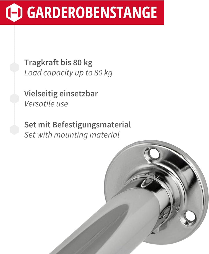 Gedotec Kleiderstange Wandmontage rund | 1 Set Garderobenstange mit 2 Stk Schrankrohrlager Chrom glä