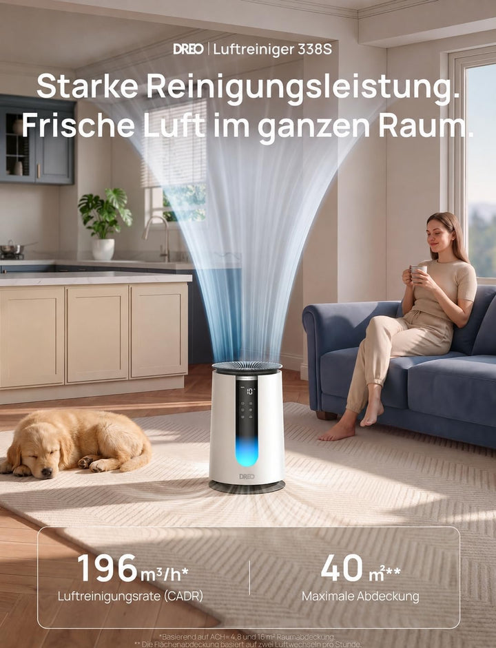 DREO-Luftreiniger für Schlafzimmer 195 m³/h CADR, Luftreiniger 338S,3-in-1-HEPA-Filter, 4 Modi, 4 Ge