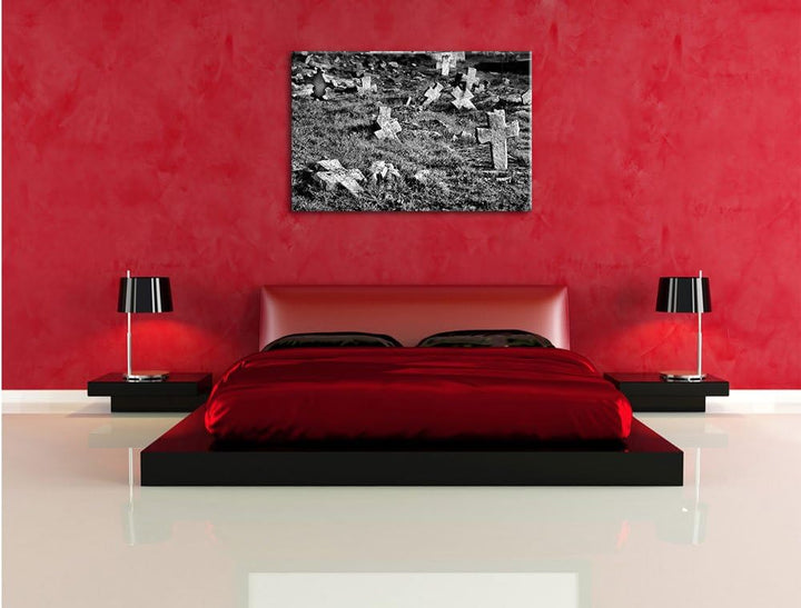 Pixxprint Friedhof schwarz weiss / 100x70cm Leinwandbild bespannt auf Holzrahmen/Wandbild Kunstdruck