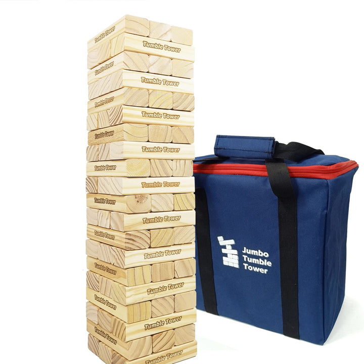 JacMok Jumbo Tumble Tower-Wackelturm-Turm Spiel 60 Stück Kiefernholz Toppling Blocks Spielzeug mit T