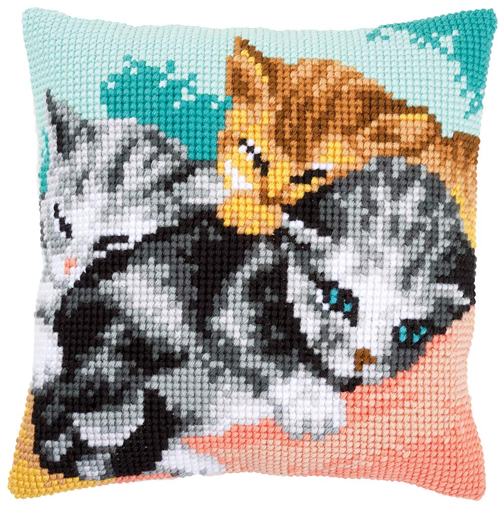 Vervaco PN-0165781 Kreuzstichkissen 3 Kätzchen Kreuzstichset, Baumwolle, mehrfarbig, 40 x 40 cm / 16