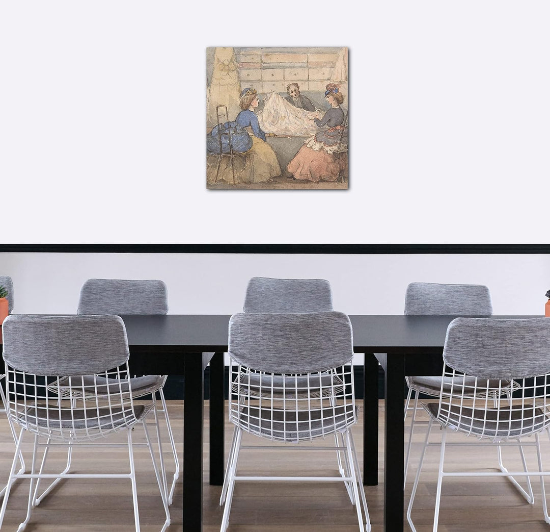 Leinwand (70x70cm): Anonym, Britisch, 19. Jahrhundert - Zwei Frauen, die Stoffe in einem Geschäft be